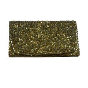 50s 60s Vintage La Regale Gold Beaded Sequin Satin Clutch